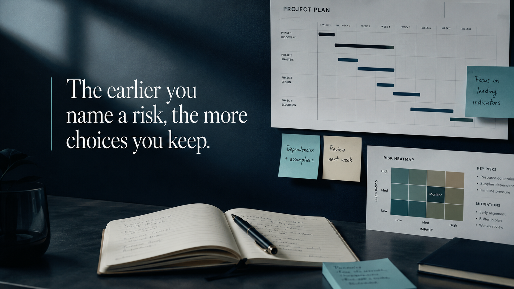 Project planning materials, leading indicators and a risk heatmap used to identify delivery concerns before they compound.