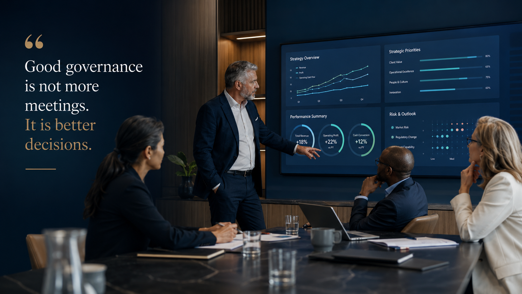 An executive governance discussion focused on strategic priorities, performance and risk rather than presentation polish.